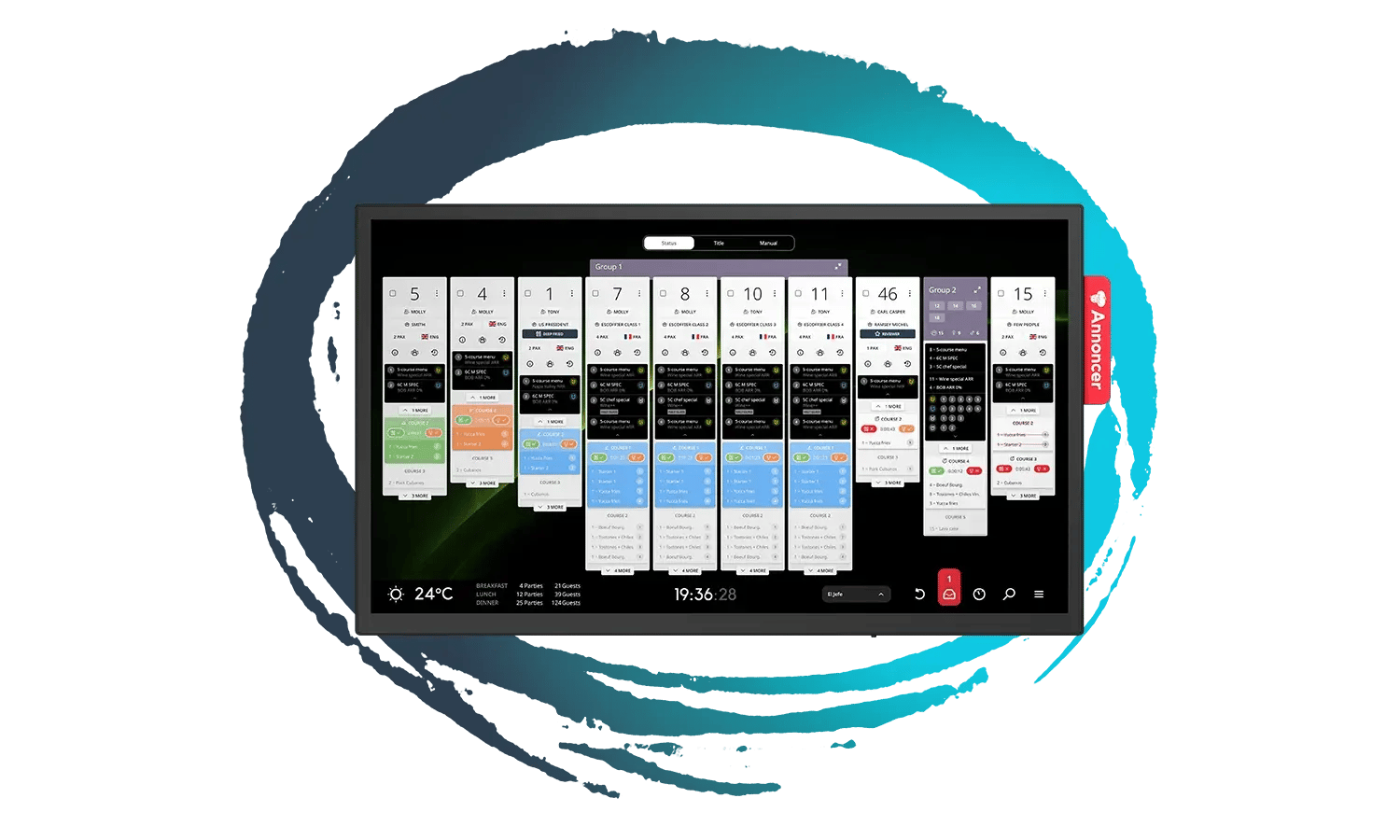 Annoncer Kitchen Management System displayed with a blue circular brushstroke graphic Annoncer Kitchen Management System displayed with a blue circular brushstroke graphic