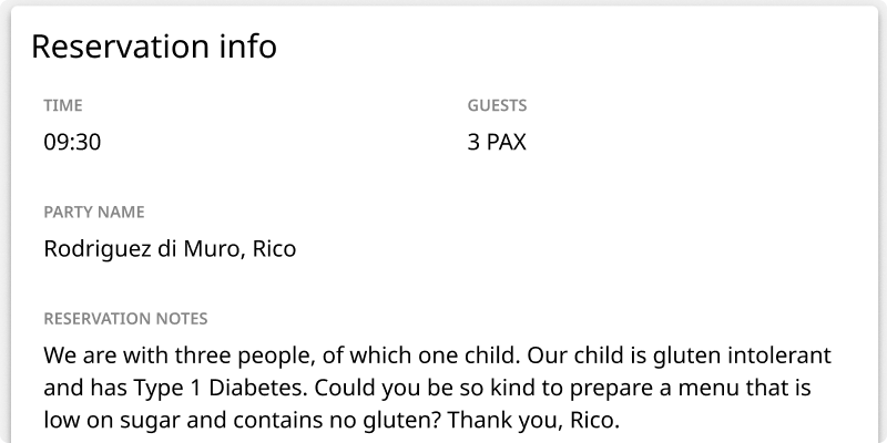 Reservation notes linked directly to kitchen tickets