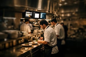 Chefs preparing dishes in a professional restaurant kitchen using digital kitchen display screens.