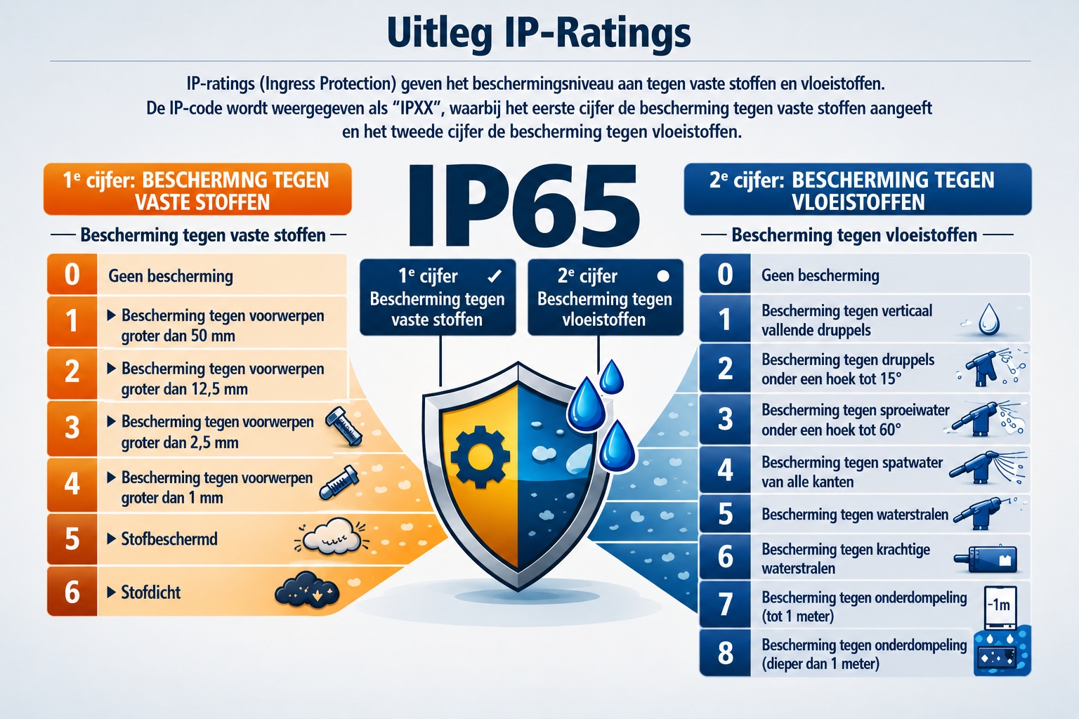 Infographic met uitleg over IP classificaties voor bescherming tegen stof en water, met IP65 als voorbeeld